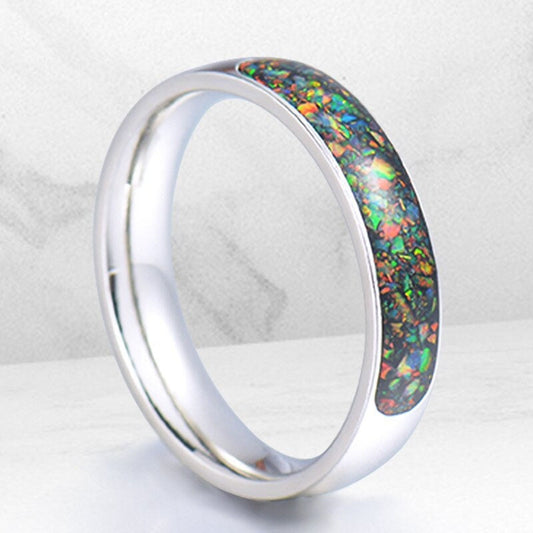 Stainless steel gemstone rings with opal chips, 6mm band.
