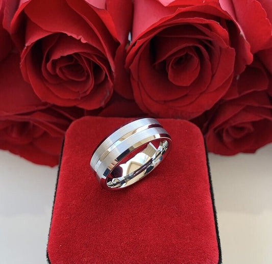 Tungsten wedding bands silver, showcasing a brushed exterior with polished accents for modern style.