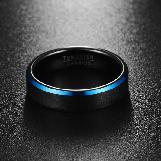 Two tone mens ring made from black Tungsten with polished blue edges and a comfort fit interior.