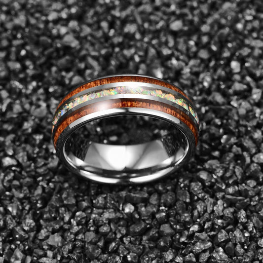 White opal ring men with silver Tungsten and koa wood accents.