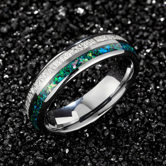 Women's meteorite ring featuring Tungsten, natural opal, and holographic flakes.