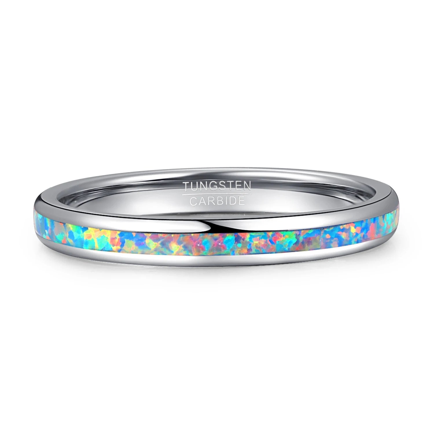 3mm Tungsten women's wedding band featuring a vibrant opal inlay, close-up view.