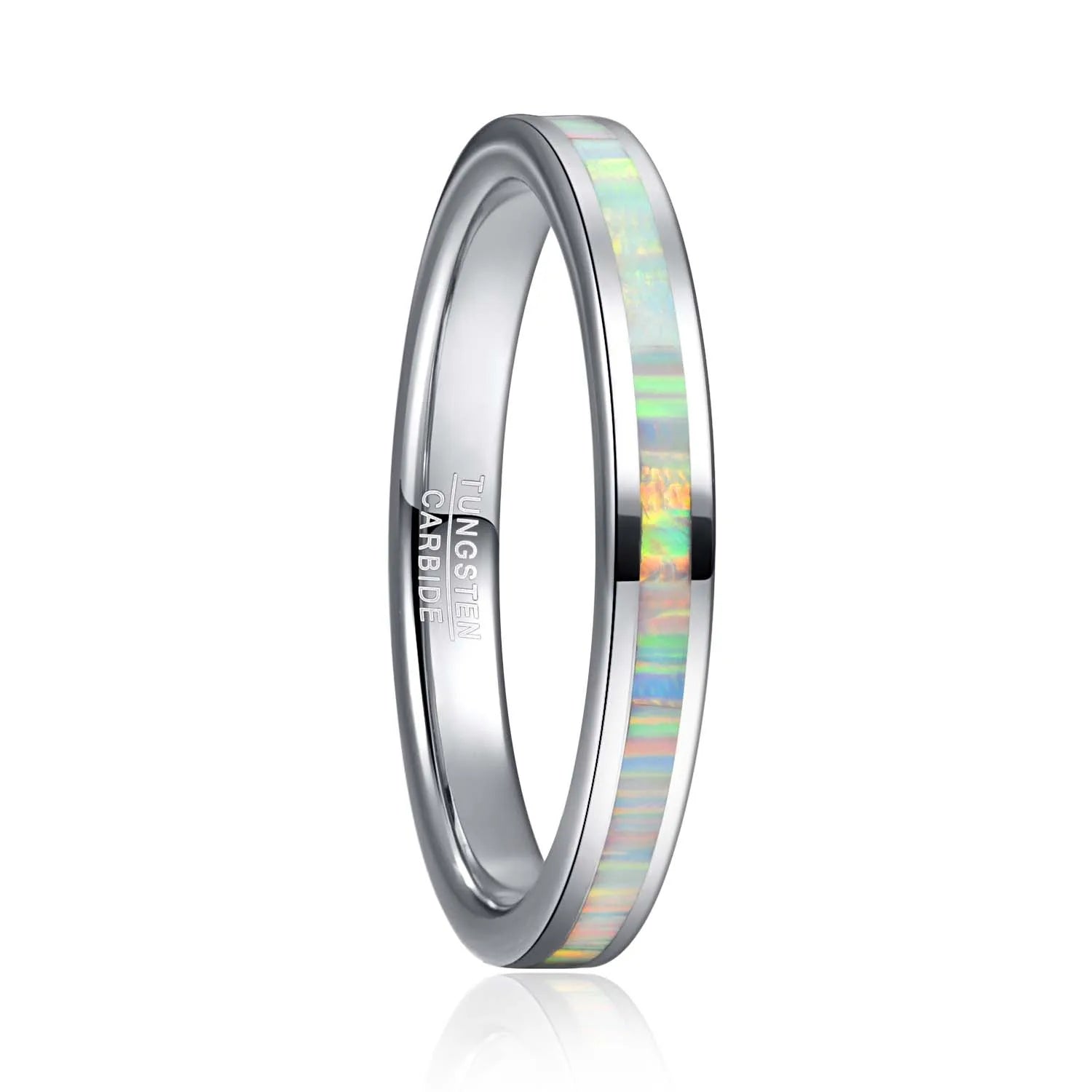 3mm Tungsten women's ring featuring a white fire opal inlay