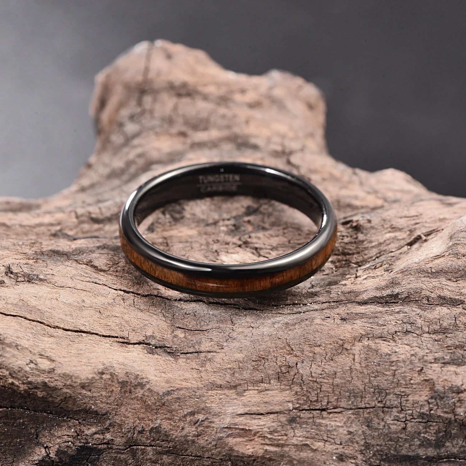 Black Tungsten ring with wood inlay and domed band, 4mm unisex design