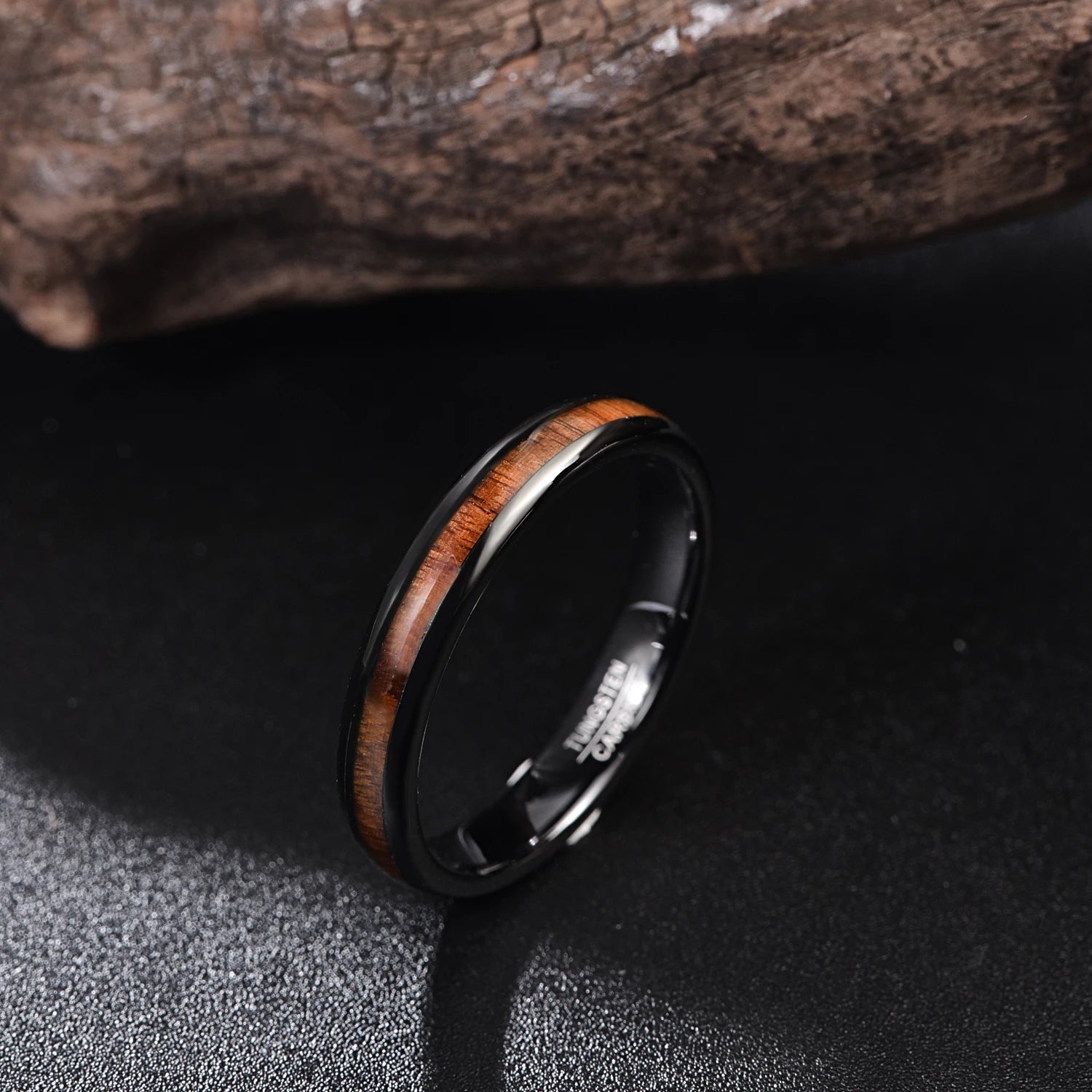 Unisex black Tungsten ring featuring a wood inlay and domed band