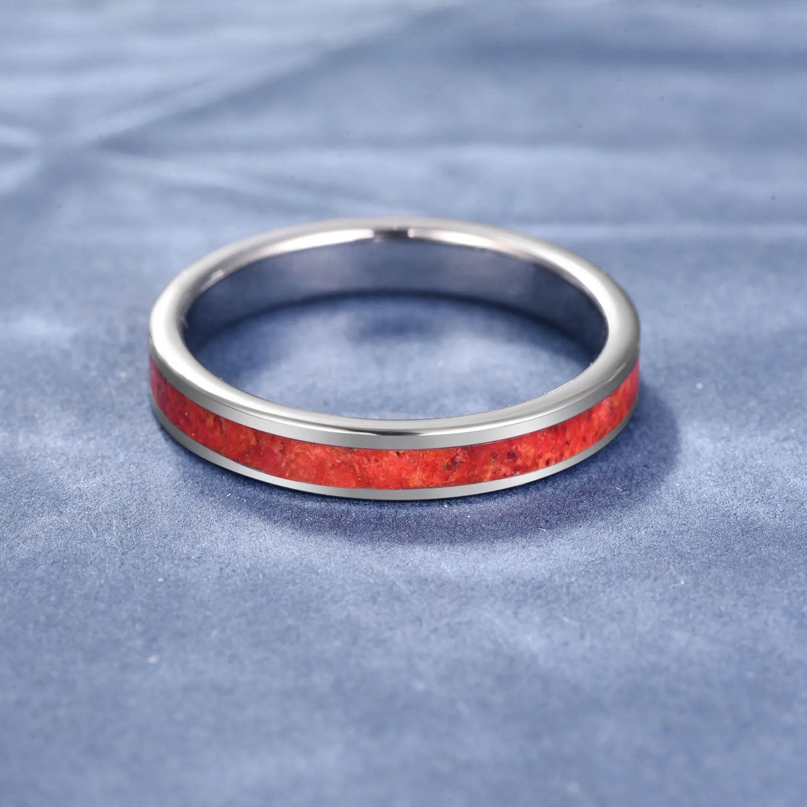 4mm flat silver tungsten women’s ring with a natural red agate inlay, designed to reflect the organic warmth and energy of the earth.