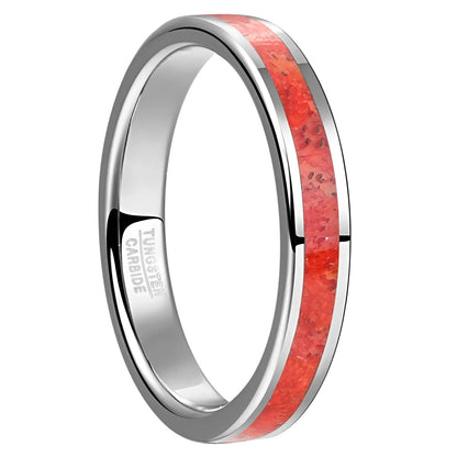 4mm silver tungsten women’s ring with a flat band and a vibrant red agate inlay, inspired by the raw beauty of nature and earth’s organic textures.