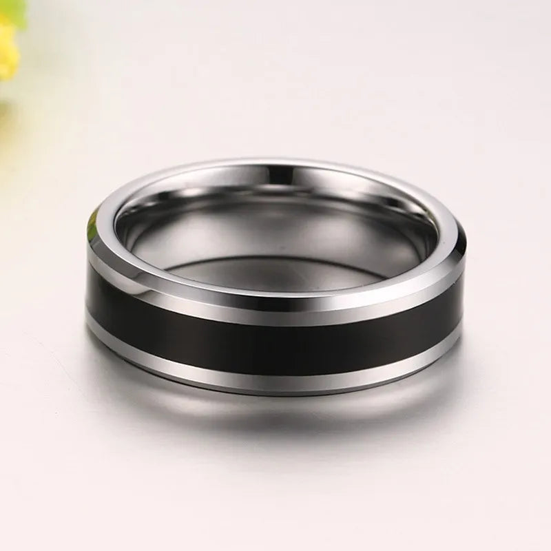 6mm black Tungsten ring with a flat view, accented with polished silver edges for a striking contrast.