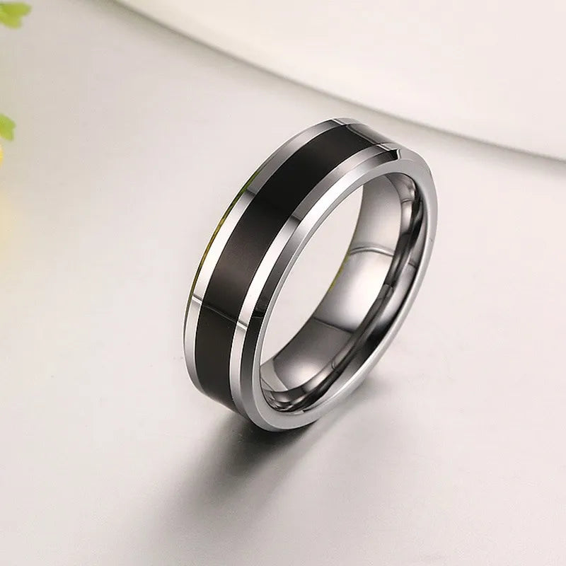 6mm black Tungsten ring with polished silver edges featuring a modern and sleek design.