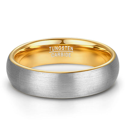 6mm silver and gold tungsten men's ring with brushed finish, domed band, and polished comfort fit interior.