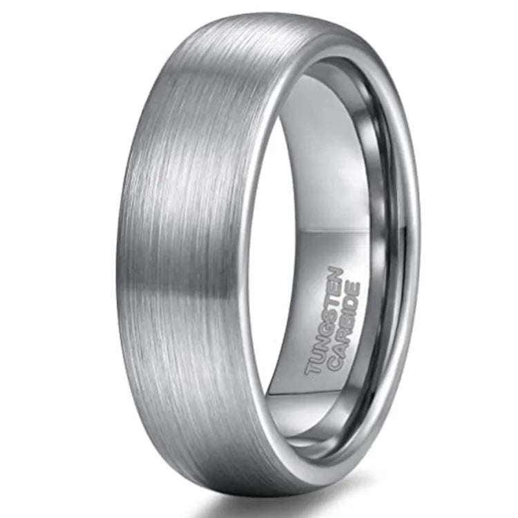 6mm silver tungsten men's band with brushed finish, smooth polished interior, and domed design.