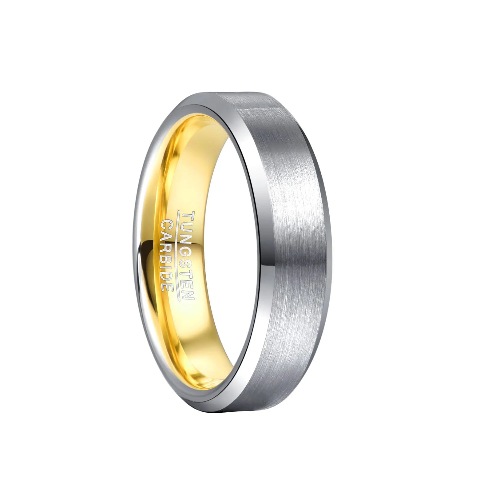 6mm silver tungsten and yellow gold tungsten men's ring with brushed silver exterior, polished gold interior, and beveled edges.