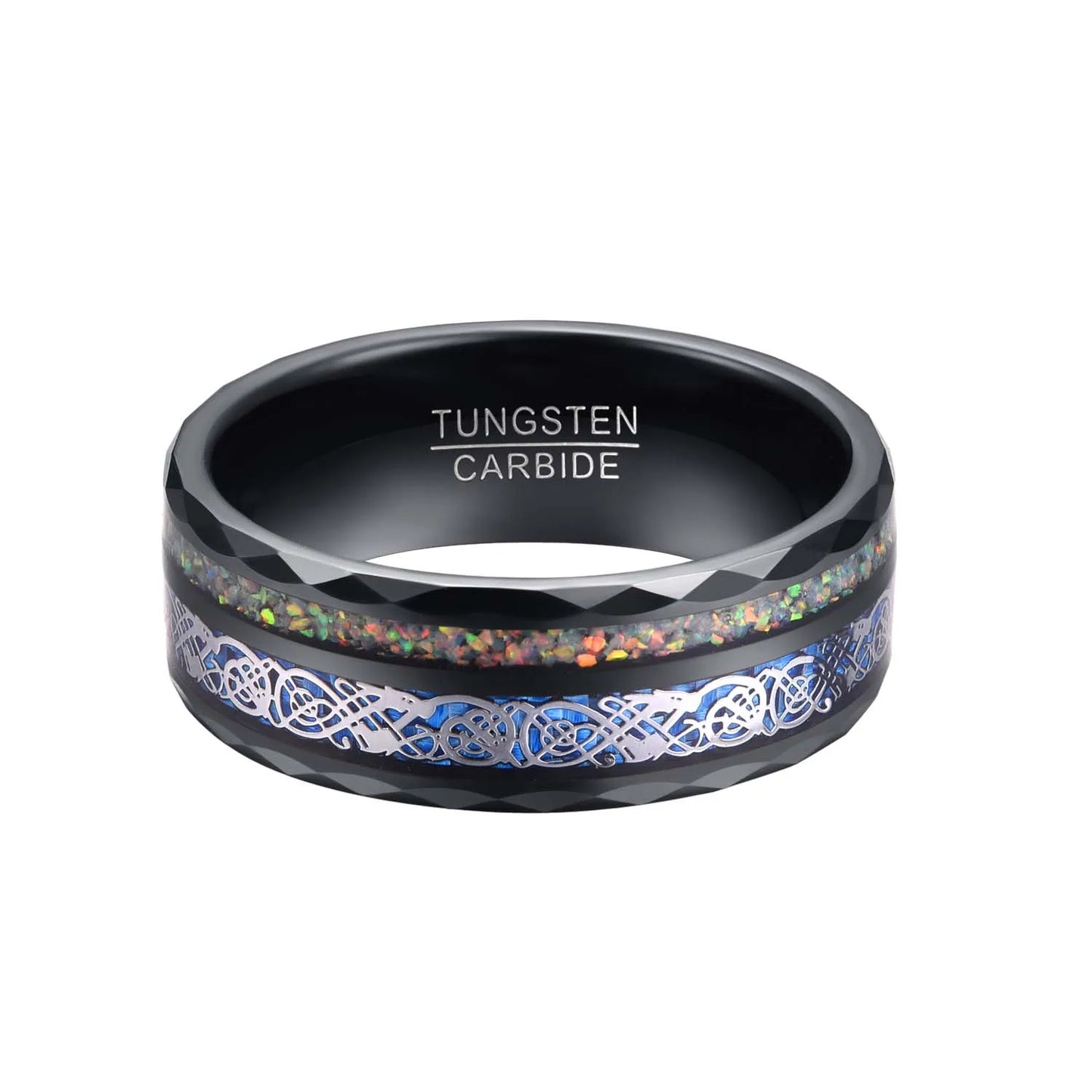 8mm black Tungsten ring featuring a Celtic dragon design and crushed opal inlay