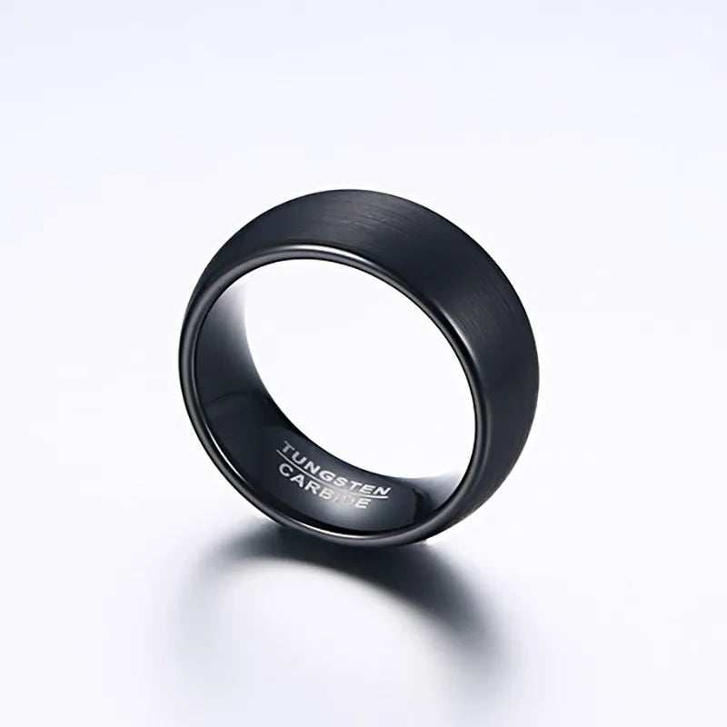 8mm black tungsten men's band featuring a brushed finish, smooth polished interior, and a bold domed design for a strong, masculine look.