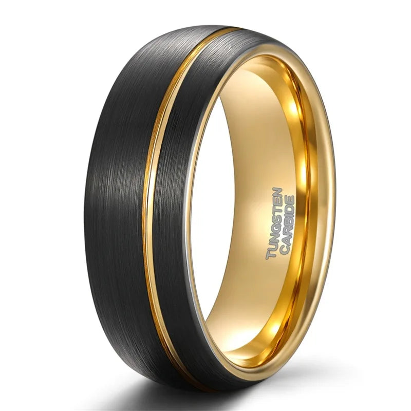 8mm black and gold Tungsten domed men’s band with yellow gold Tungsten stripe – comfort fit ring