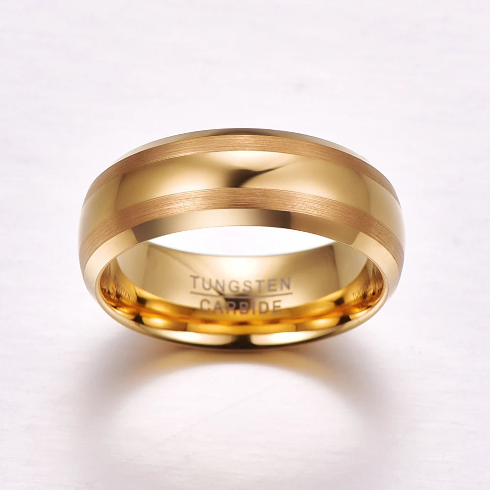 8mm brushed yellow gold Tungsten men's wedding band with beveled edges