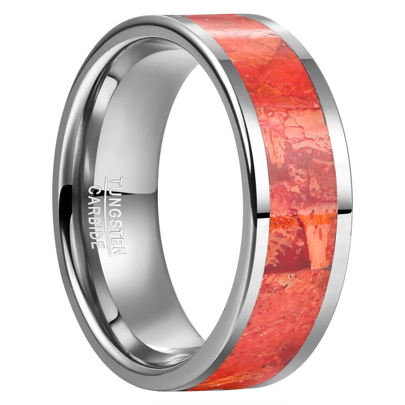 8mm flat silver tungsten men’s ring with a vibrant red agate inlay, offering an earthy, nature-inspired look with modern elegance.