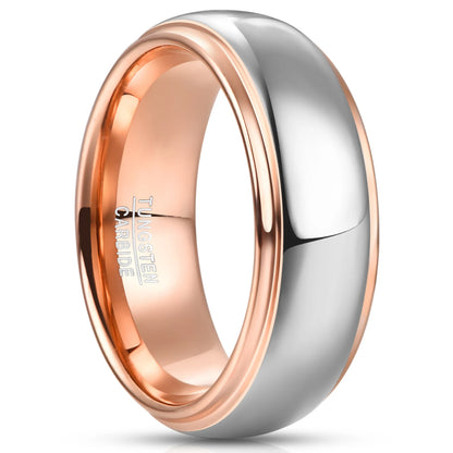 Men’s 8mm polished tungsten wedding band in rose gold and silver with a smooth domed profile and elegant stepped edge detailing.