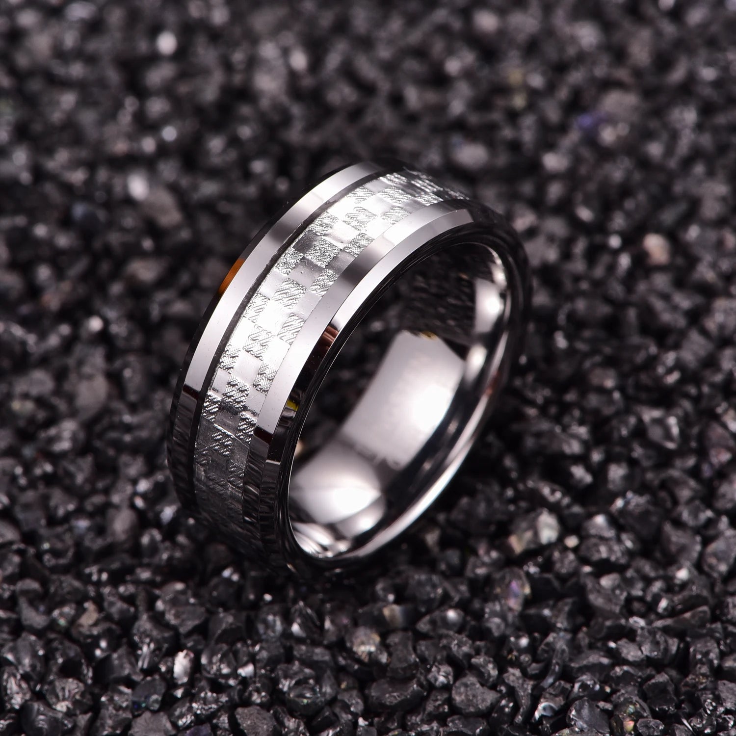 Silver Tungsten men's ring, 8mm wide, with beveled edges and checked metallic inlay