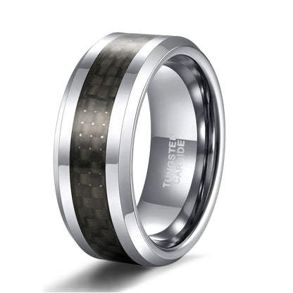 8mm silver tungsten men's ring with a black carbon fiber inlay and beveled edges for a modern, sleek look.