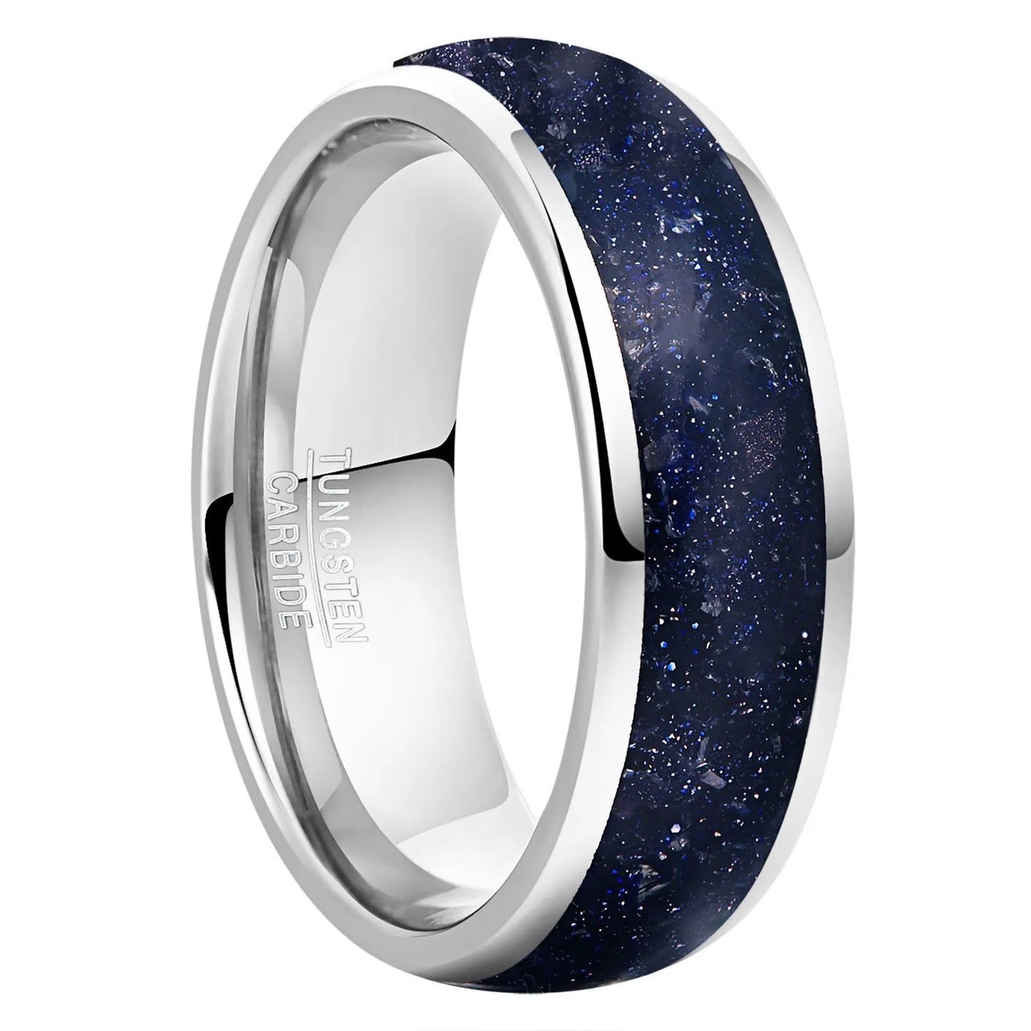 8mm silver tungsten men's ring featuring a domed band with a crushed blue goldstone inlay that sparkles like a distant galaxy.