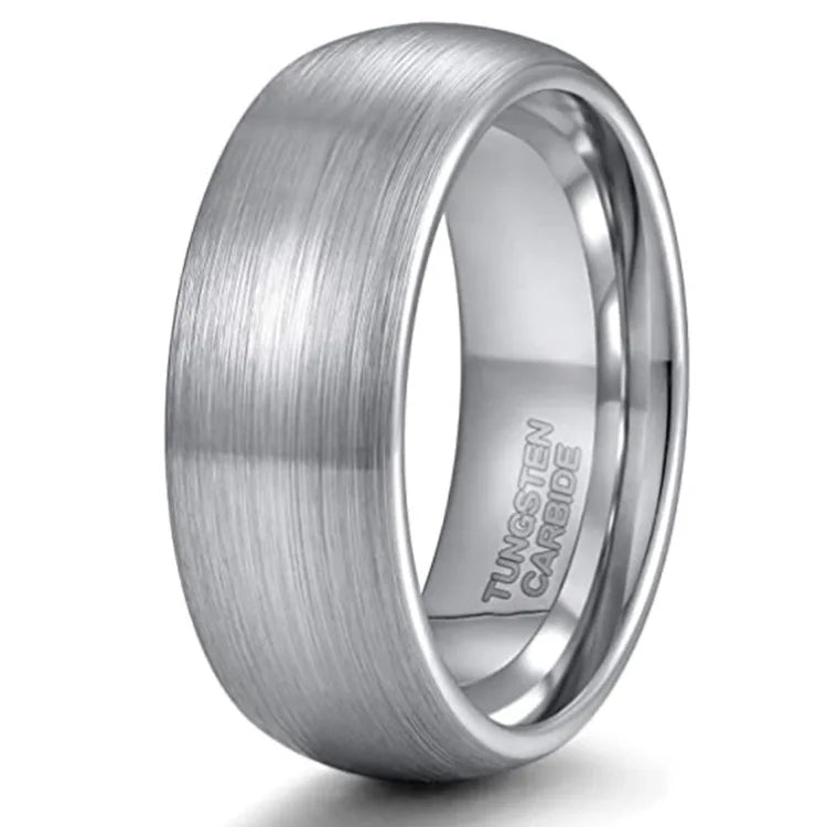 8mm silver tungsten men's band featuring a brushed finish, smooth polished interior, and domed shape.