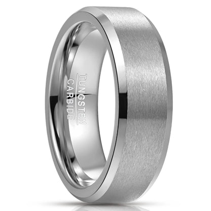 8mm silver tungsten men's ring with beveled edges, brushed finish, and a smooth polished interior.