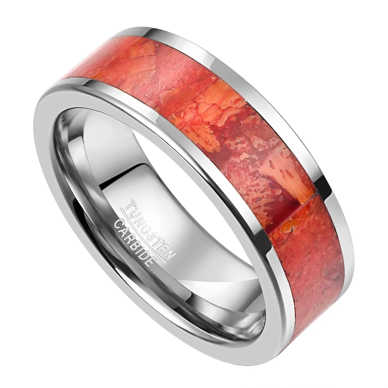 8mm silver tungsten men’s ring featuring a flat band and a natural red agate inlay, radiating a grounded, earthy warmth reminiscent of rugged landscapes.