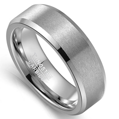 8mm silver tungsten men's ring featuring beveled edges, brushed finish, and a polished interior.