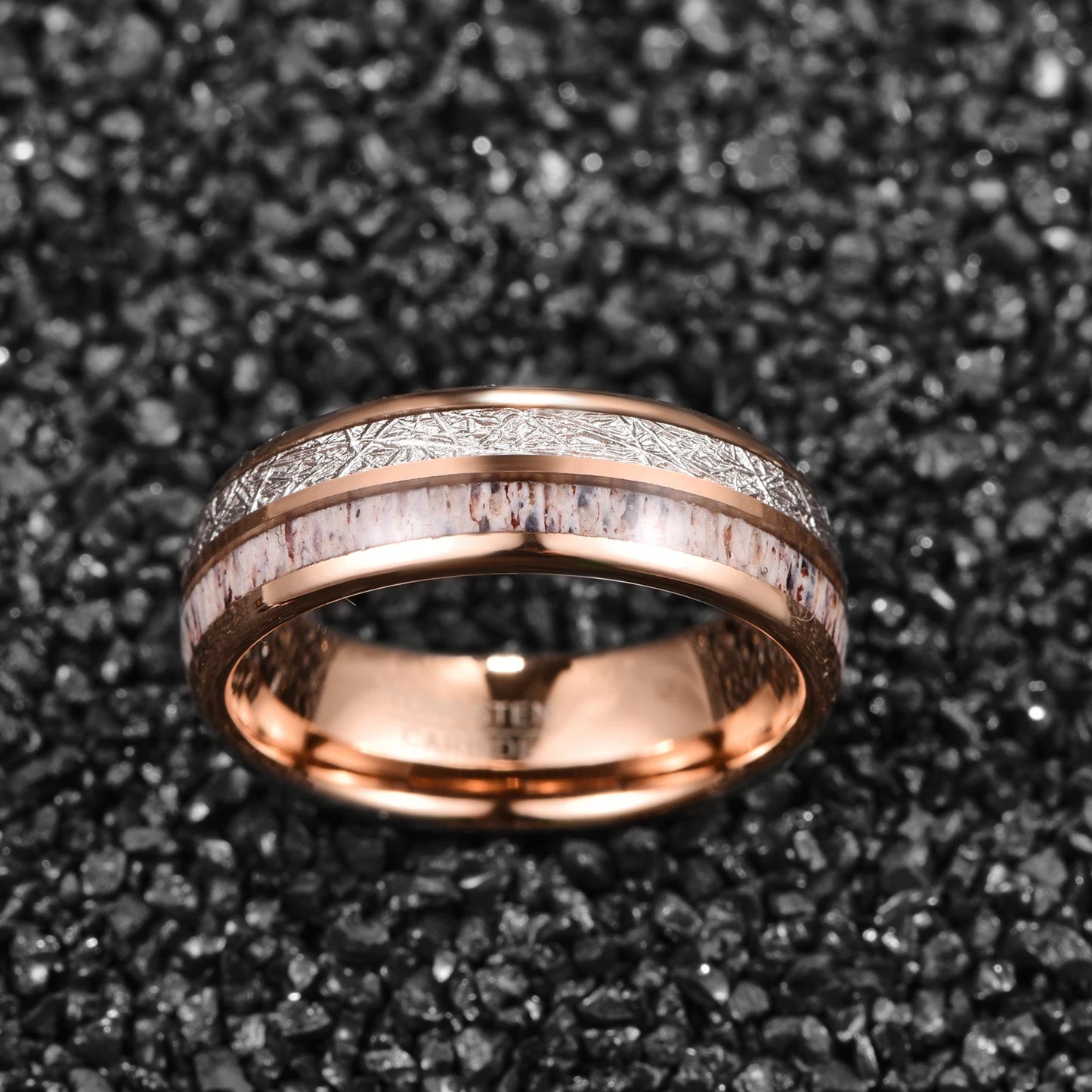 Rose gold Tungsten ring with antler and meteorite inlay – 8mm comfort fit men's wedding band