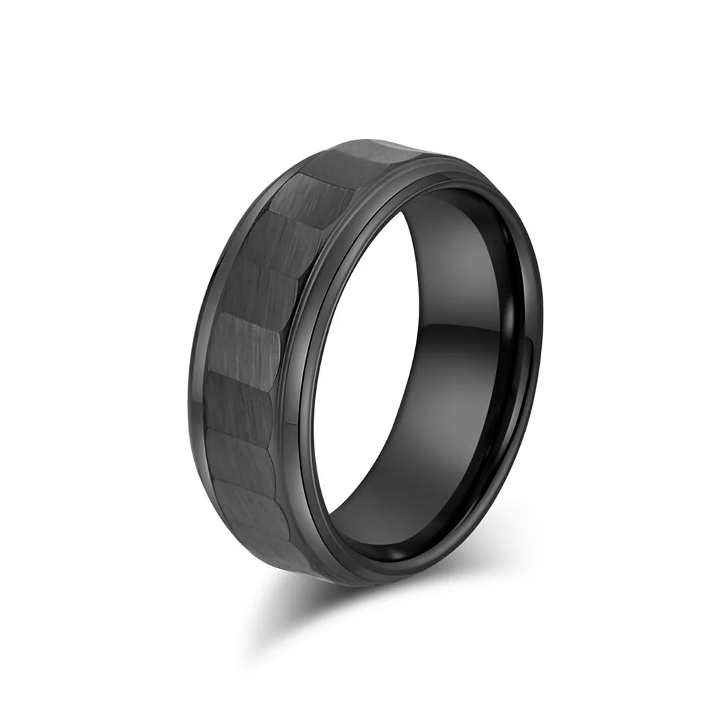 8mm black Tungsten ring featuring a matte beveled exterior and stepped edges for a bold modern touch.