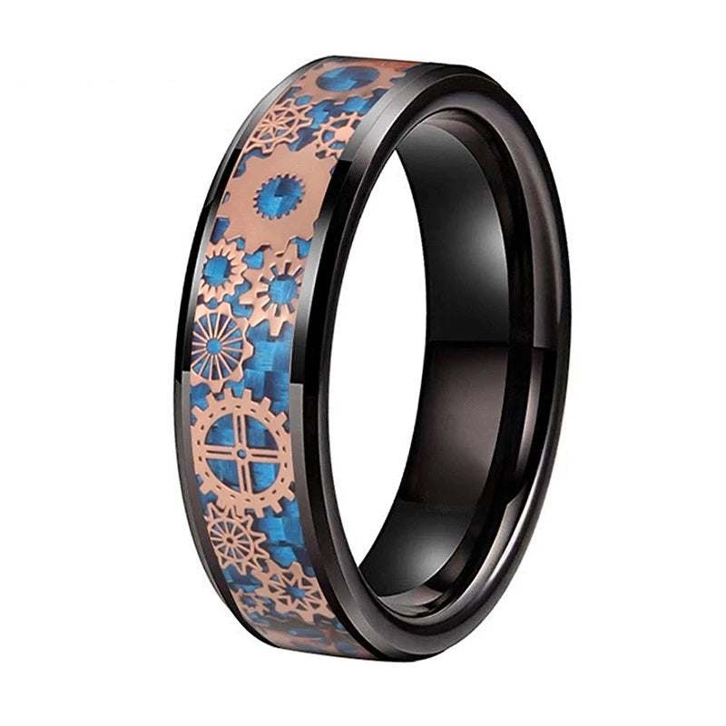 Beveled black Tungsten steampunk men's ring with blue and rose gold cog inlay, 6mm width.