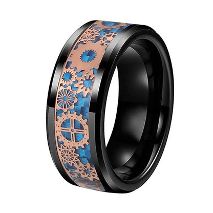 Beveled black Tungsten steampunk men's ring with blue and rose gold cog inlay, 8mm width.