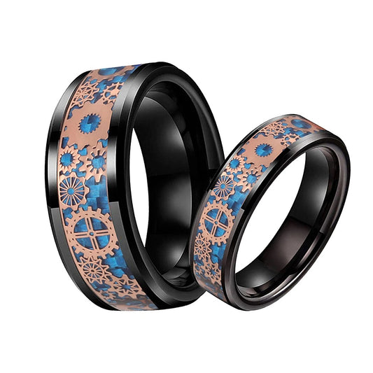 Matching set of beveled black Tungsten steampunk men's rings with blue and rose gold cog inlay, 8mm and 6mm widths.