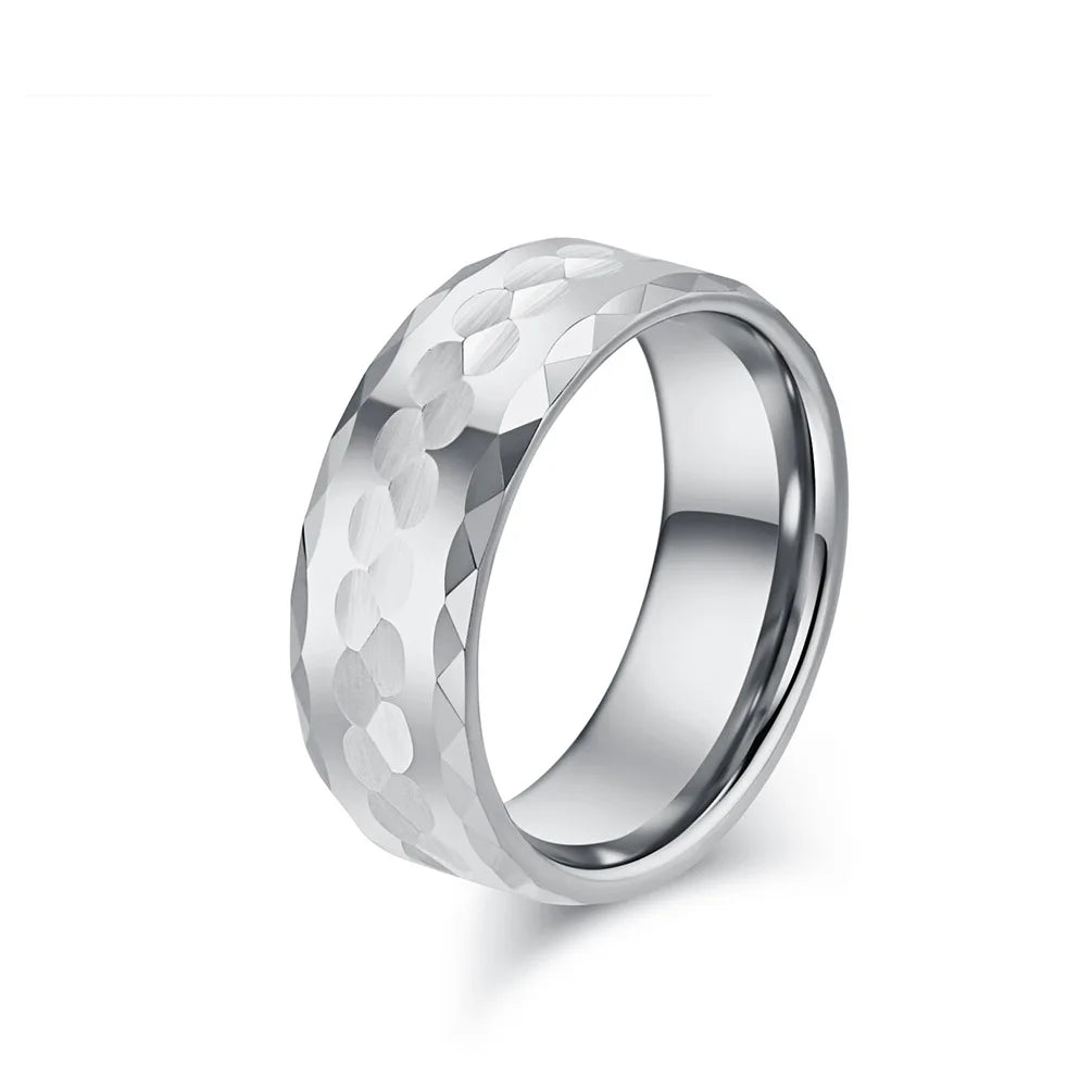 8mm silver Tungsten ring with a beveled design and faceted edges for a refined and modern style.