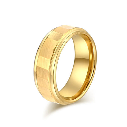 8mm gold Tungsten ring with a matte beveled exterior and polished stepped edges for a luxurious finish.