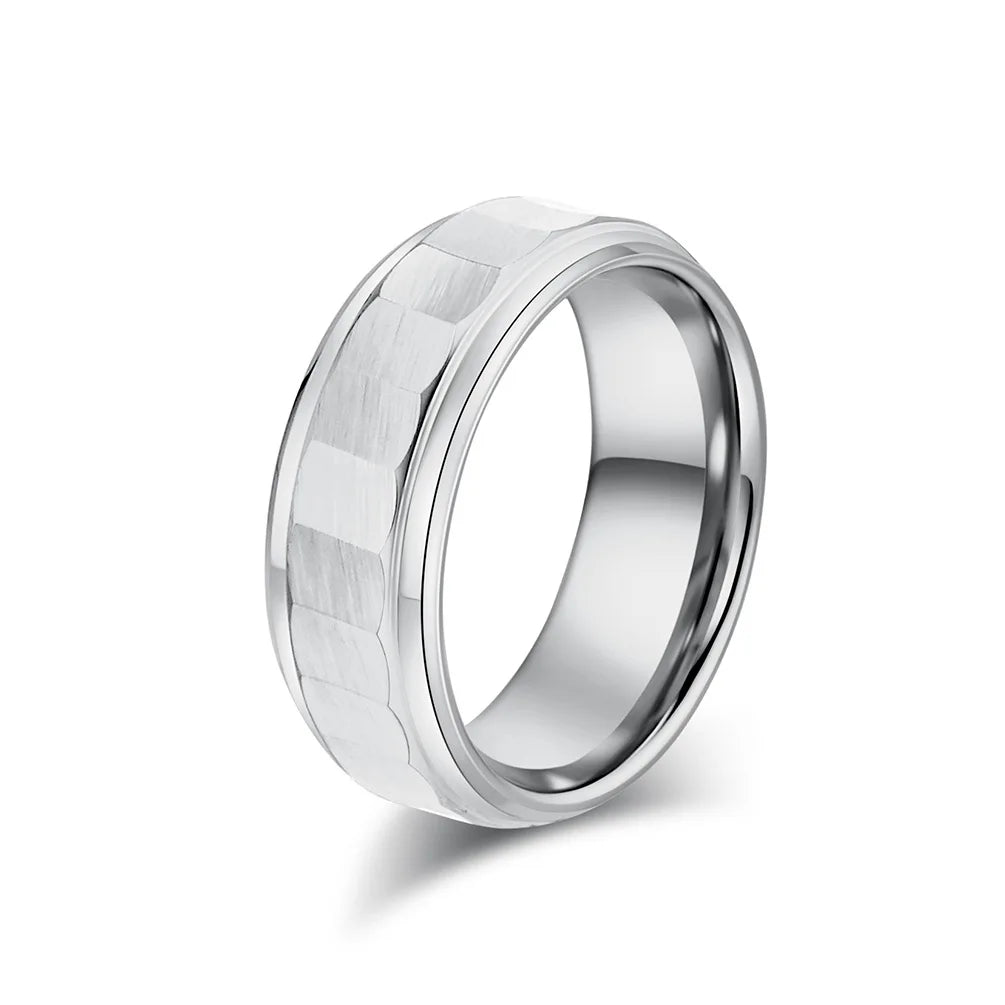 8mm silver Tungsten ring with a polished stepped edge and brushed beveled design for a sleek, stylish look.