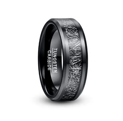 8mm black Tungsten men's ring with genuine Gibeon meteorite inlay and beveled edges