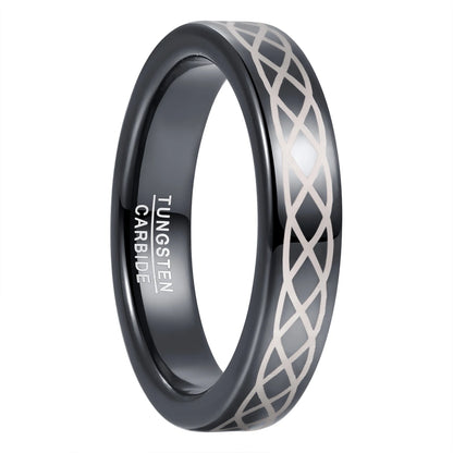 Black Tungsten unisex ring featuring a silver Celtic braid design, 4mm width.