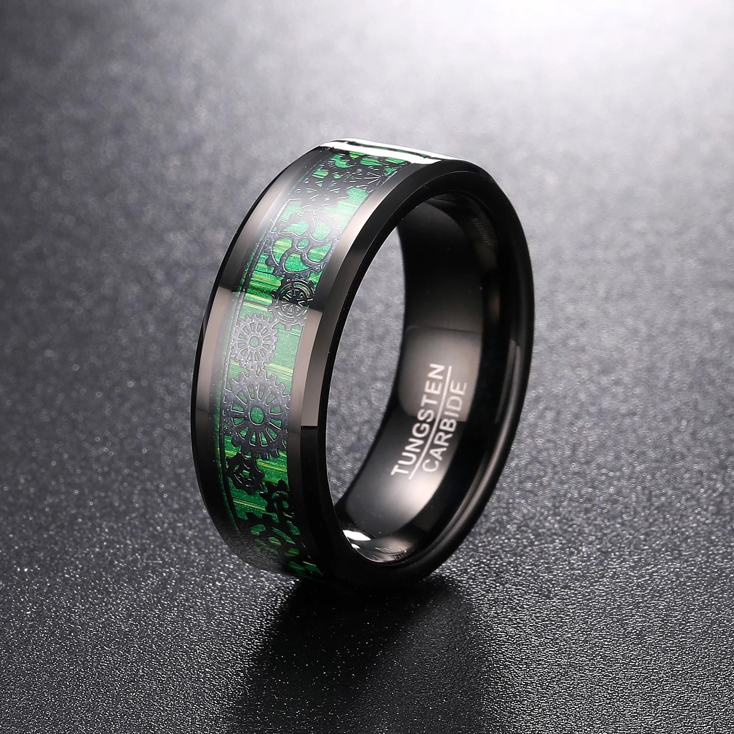 Black Tungsten wedding band with gear design and green wood inlay, 8mm width, comfort fit.