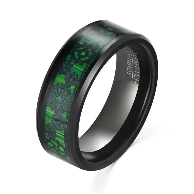 Black Tungsten ring with gear design and green wood inlay, 8mm width, comfort fit.