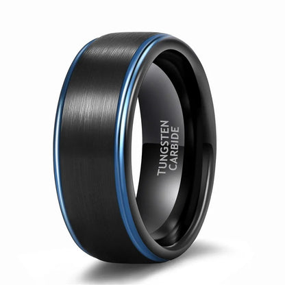 Black Tungsten ring with brushed finish and blue edge – comfort fit, 8mm width.