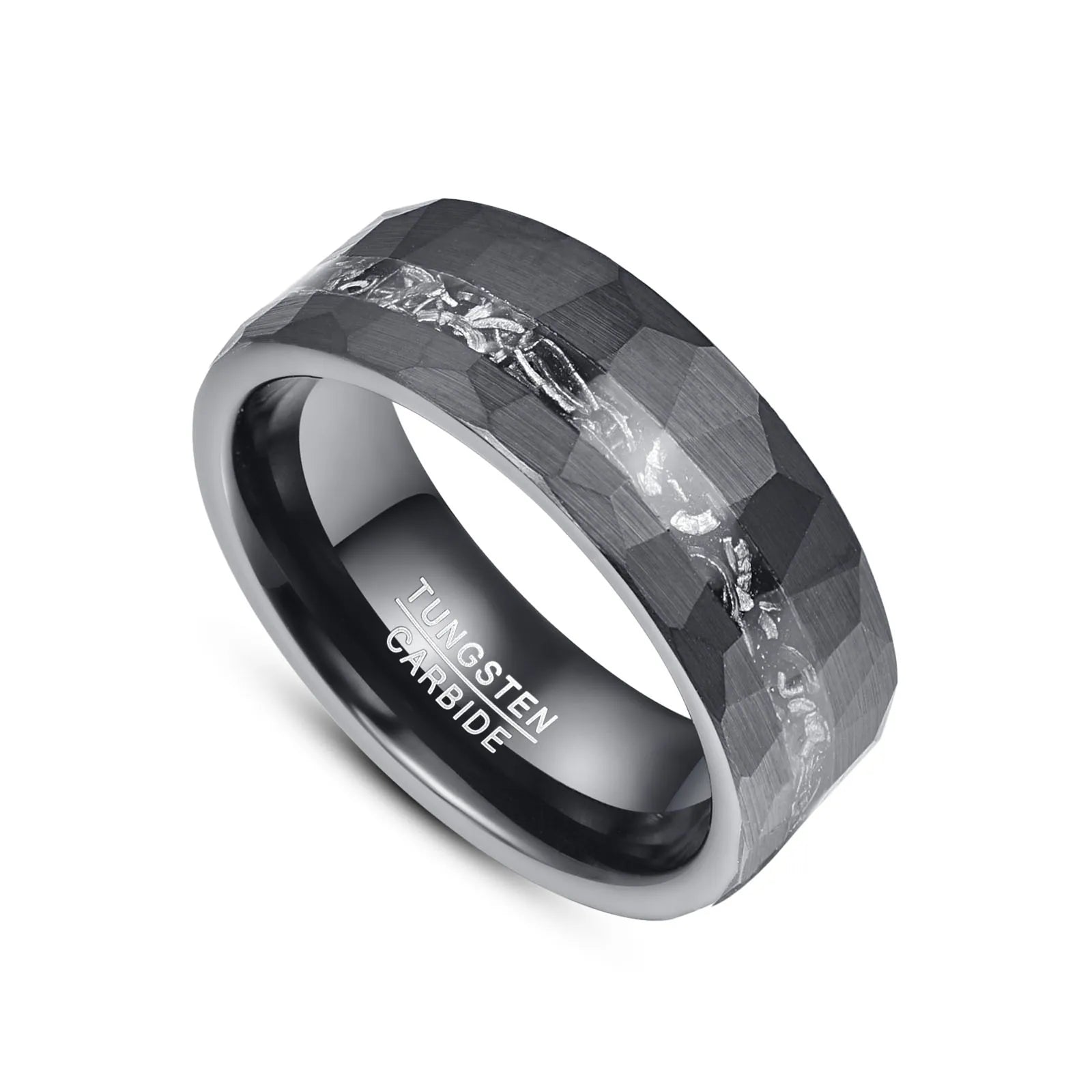 Side view of an 8mm black Tungsten men's ring with a meteorite shavings inlay, set against crushed black sandstone, with a hammered flat band design.