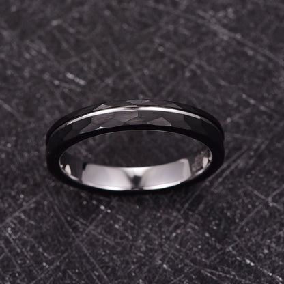 4mm men's ring featuring a black Tungsten hammered exterior with a smooth polished silver interior and stripe for a sleek dual-tone design.