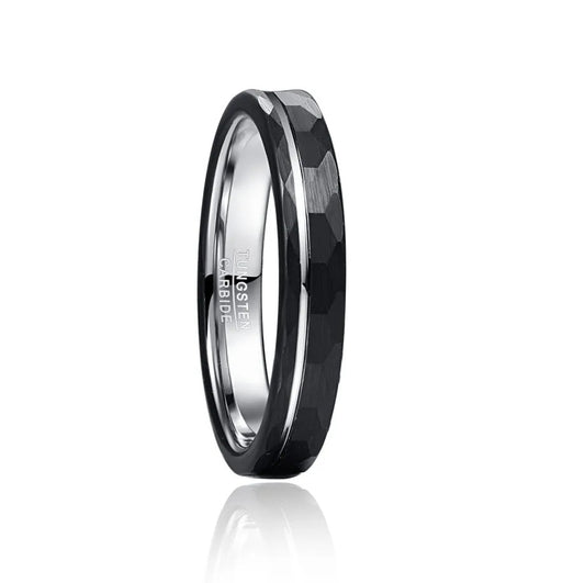 4mm men's ring with a hammered black Tungsten exterior and polished silver Tungsten interior, featuring a striking dual-tone design.