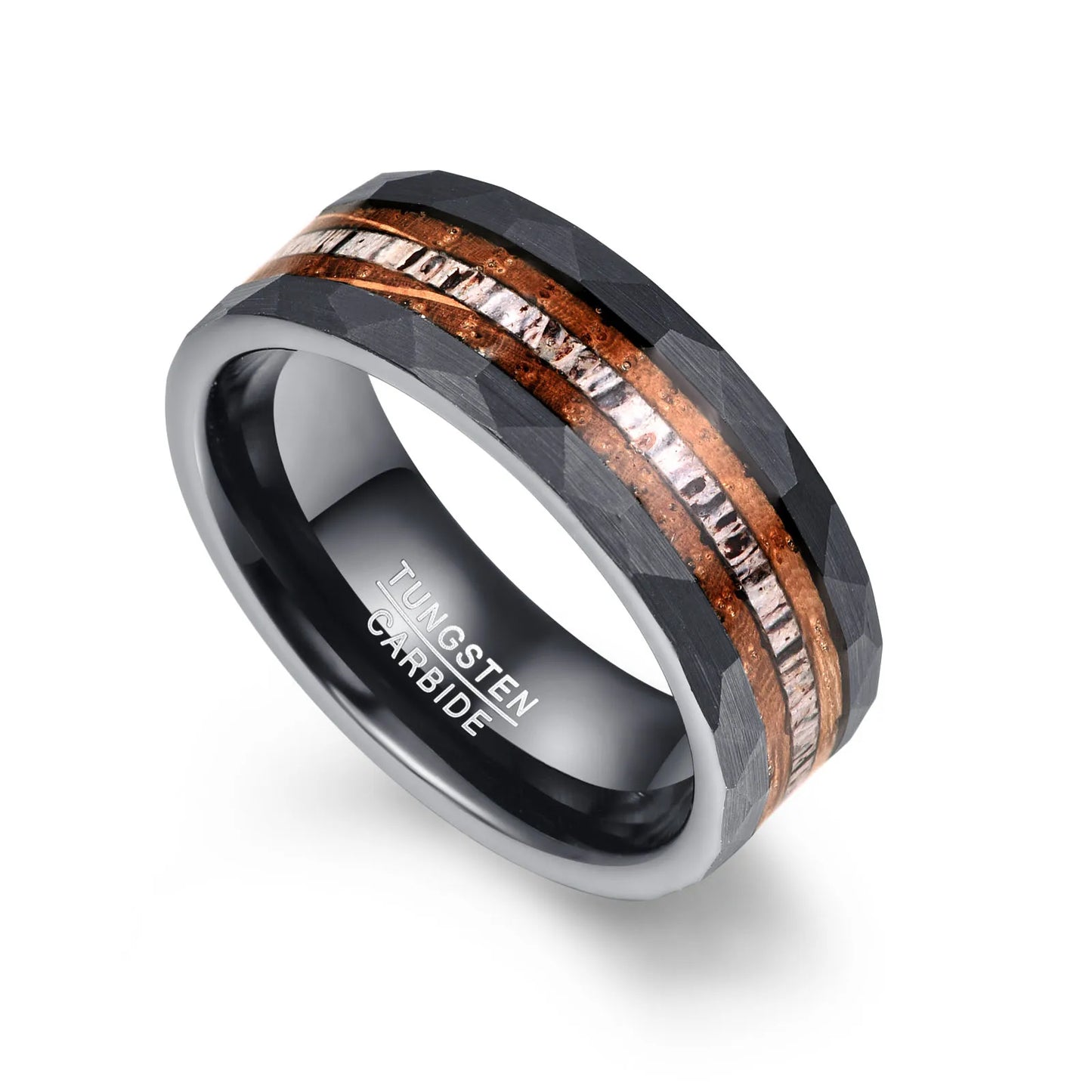 8mm black Tungsten men's ring with hammered edges, inlaid with whiskey barrel oak wood and naturally-shed deer antler for a bold, natural design.