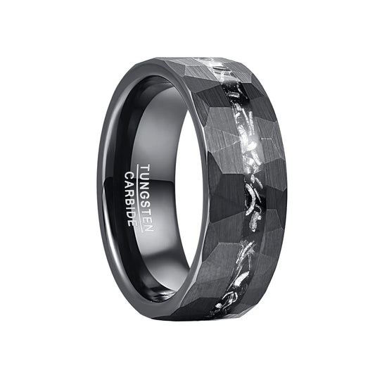 8mm black Tungsten men's ring with a genuine meteorite inlay, crushed black sandstone, and a hammered finish with a flat band.