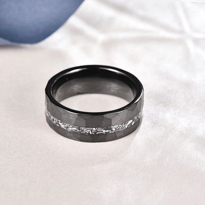 8mm black Tungsten men's ring featuring an inlay of genuine meteorite shavings, with a hammered finish and flat band design.