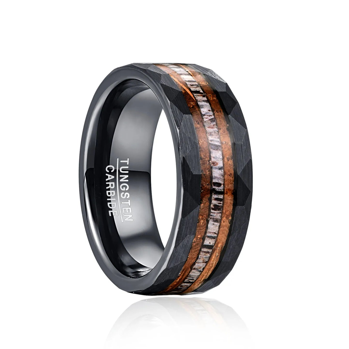 8mm black Tungsten men's ring with an inlay of whiskey barrel oak wood and naturally-shed deer antler, featuring hammered edges for a rugged look.