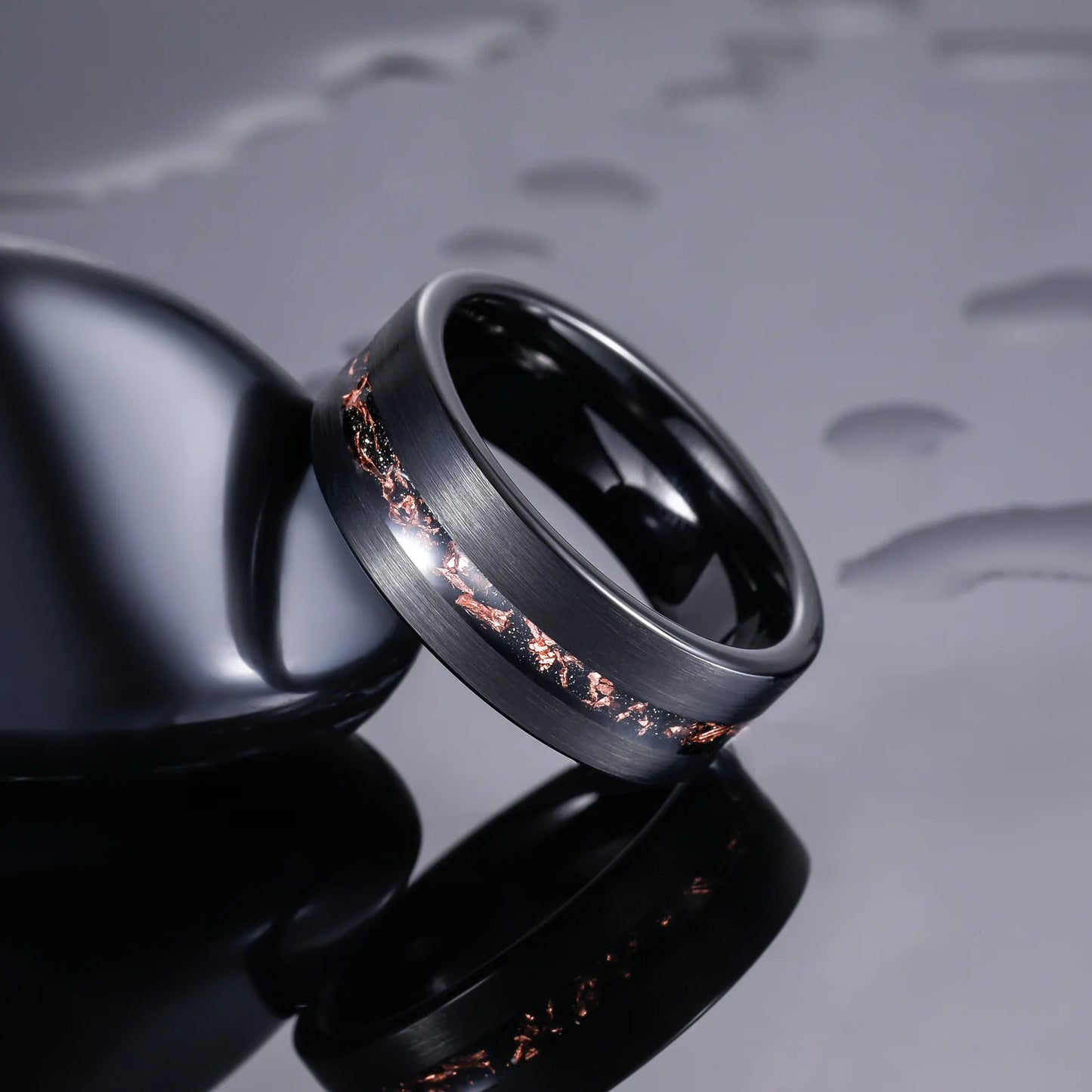 8mm black Tungsten men's ring with a brushed finish, featuring an inlay of copper flakes and genuine Moon dust over crushed black sandstone.